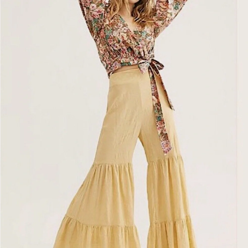 Free People Embroidered Tiered Boho high rise pants, yellow, hard to find LARGE - Picture 7 of 8